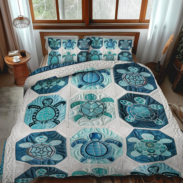 Serenity Turtle quilted 3-piece bedding set on a made bed in a light coastal bedroom