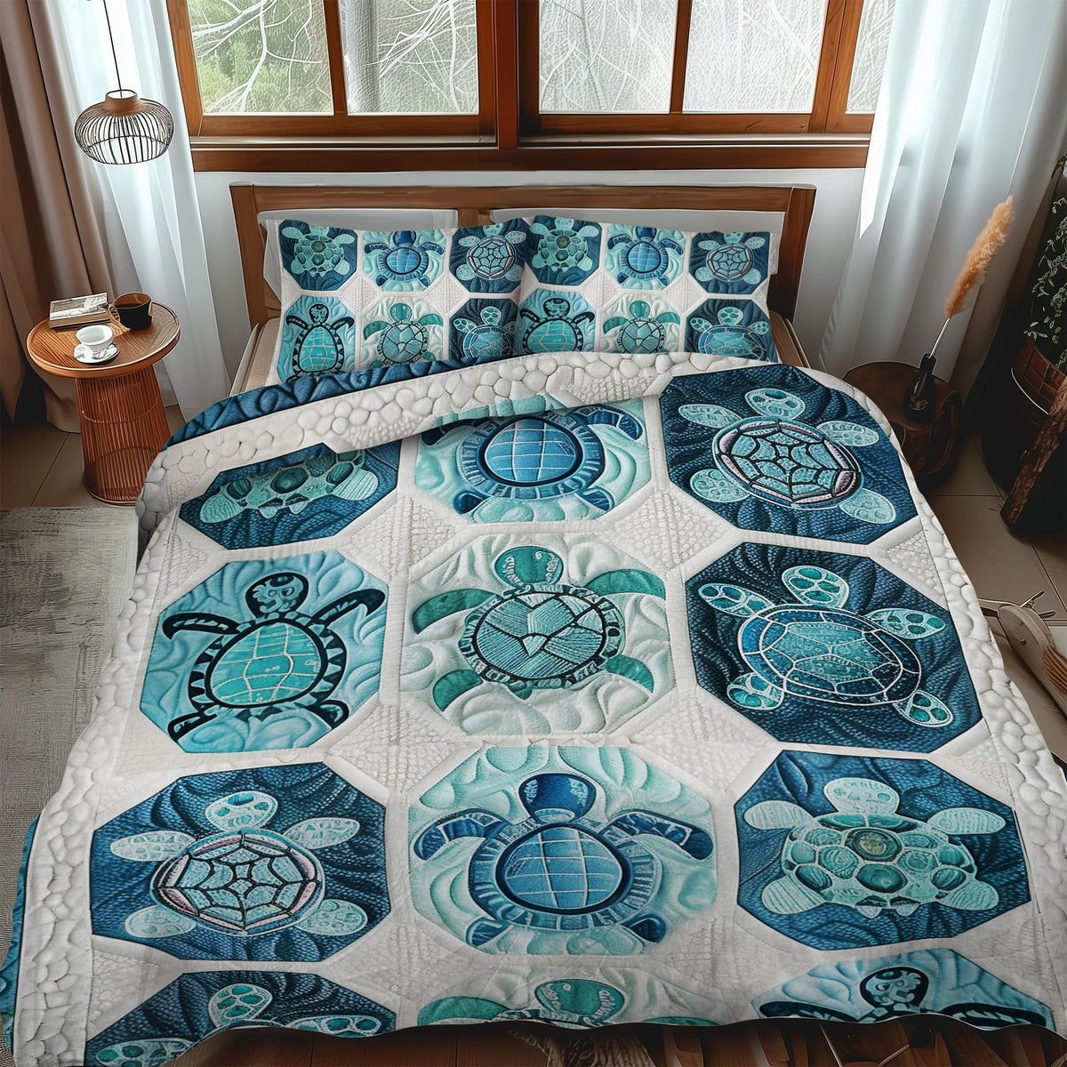 Serenity Turtle quilted 3-piece bedding set on a made bed in a light coastal bedroom