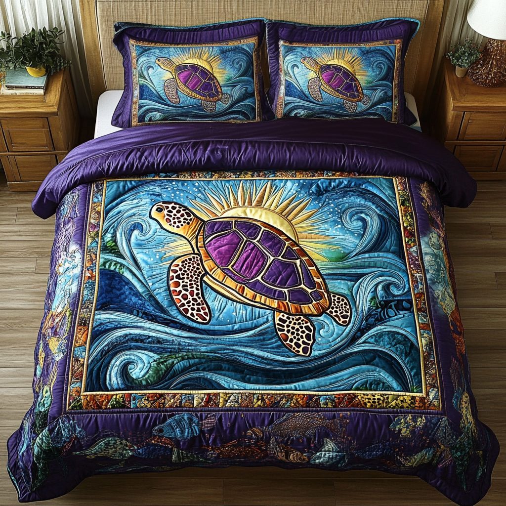 Serenity Waves quilted 3-piece bedding set on a made bed in a light coastal bedroom
