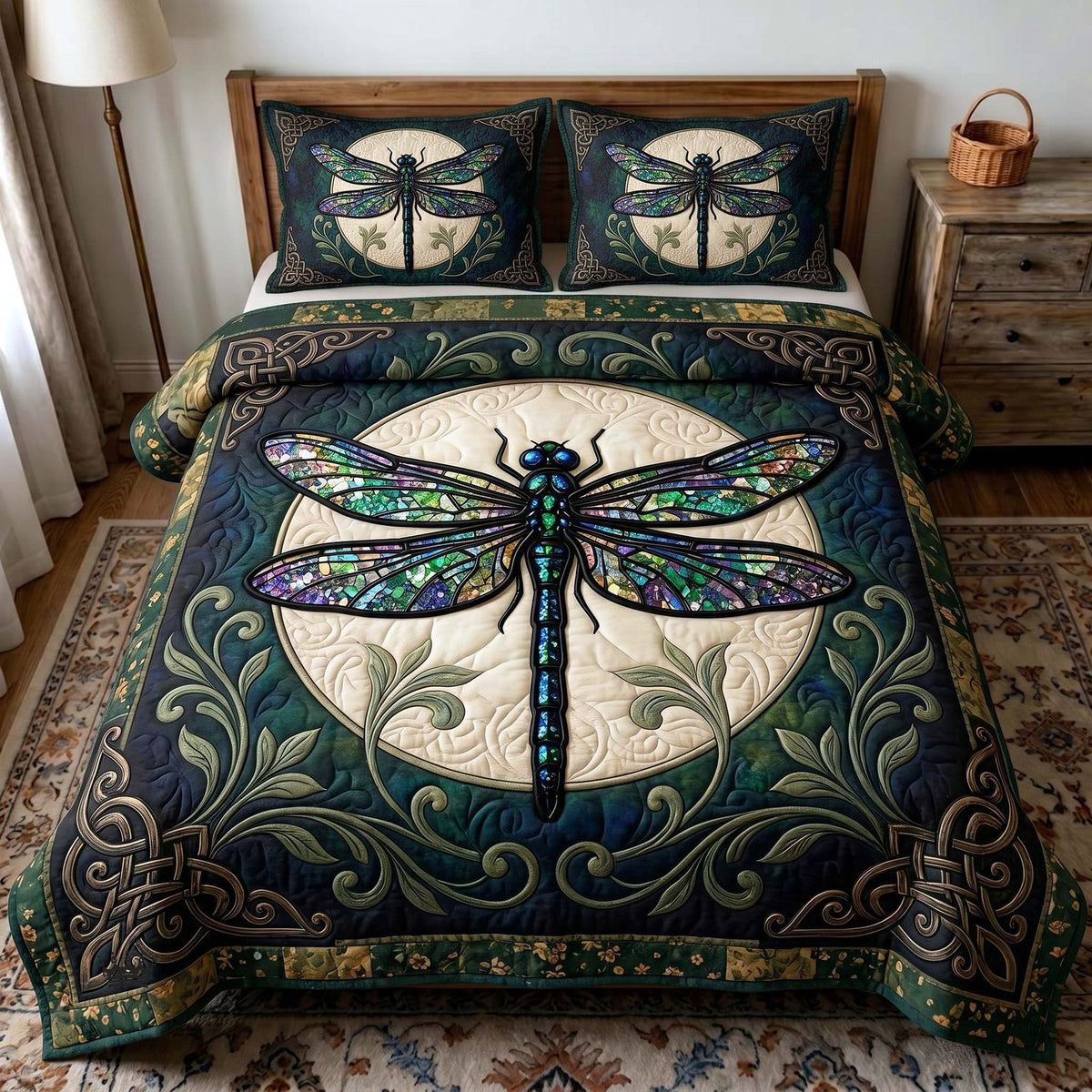 Serenity Wings quilted 3-piece bedding set on a made bed with two matching pillow shams