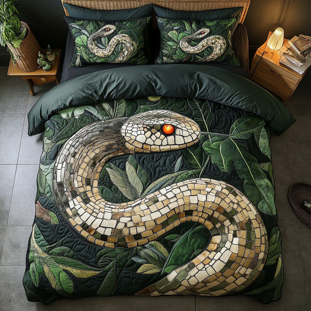 Serpent Spiral quilted 3-piece bedding set on a made bed with two matching pillow shams