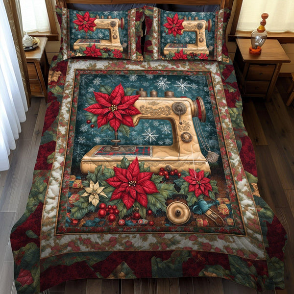 Sewing Holiday Bliss quilted 3-piece bedding set on a made bed in a winter-styled bedroom