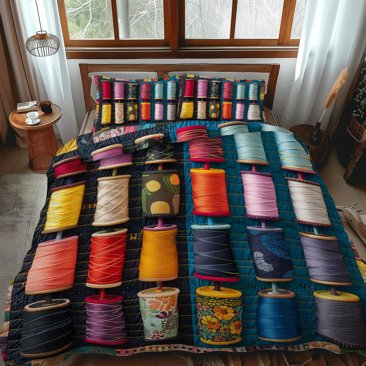 Sewing Studio quilted 3-piece bedding set on a made bed with two matching pillow shams