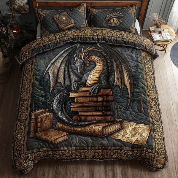 Shadow Dragon Library quilted 3-piece bedding set on a made bed with two matching pillow shams