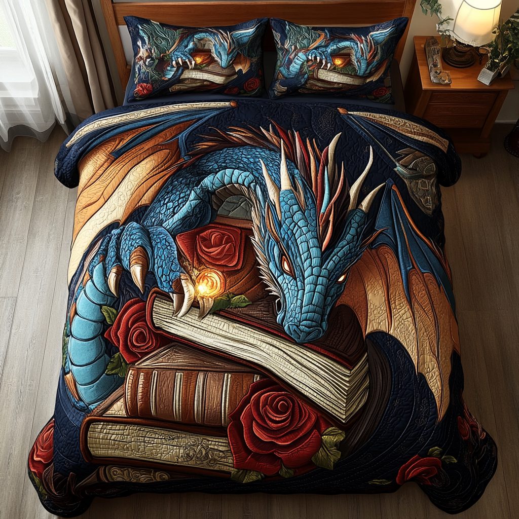 Shadow Drakon quilted 3-piece bedding set on a made bed with two matching pillow shams