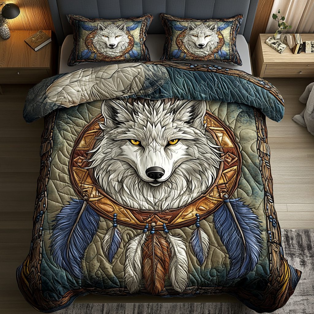 Shadow Fang quilted 3-piece bedding set on a made bed with two matching pillow shams