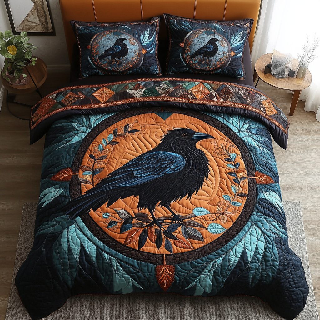 Shadow Flight quilted 3-piece bedding set on a made bed with two matching pillow shams