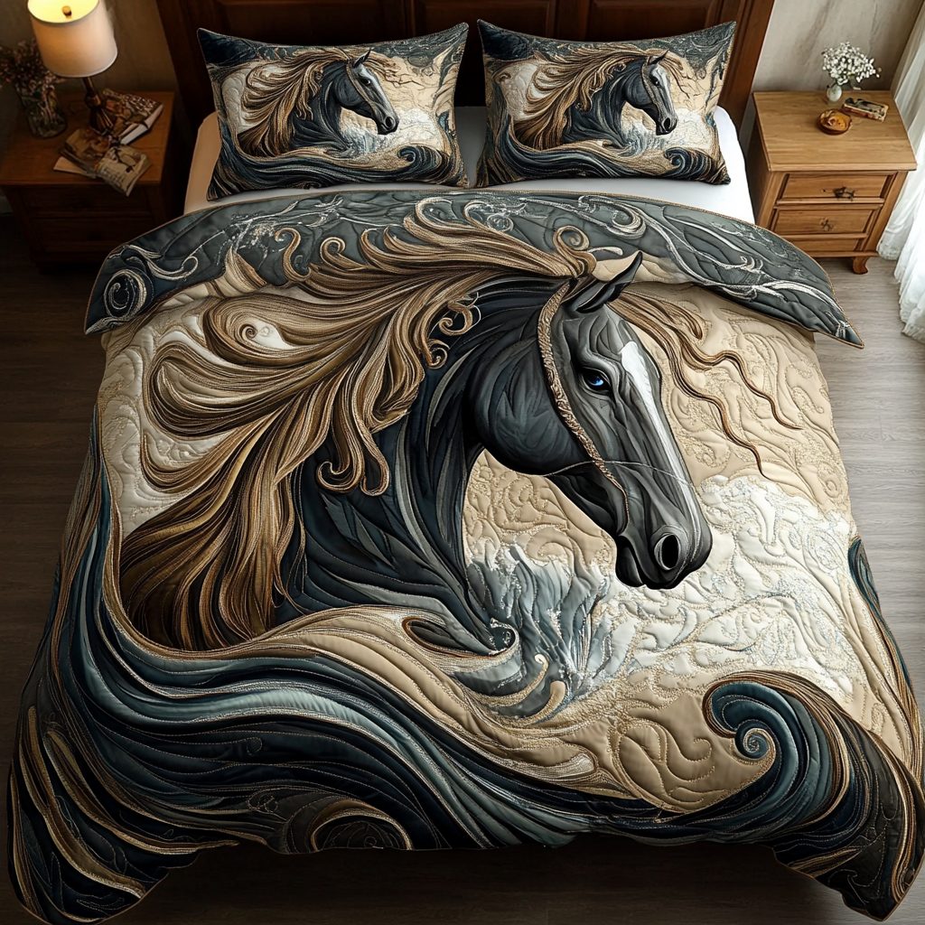 Shadow Hooves quilted 3-piece bedding set on a made bed with two matching pillow shams