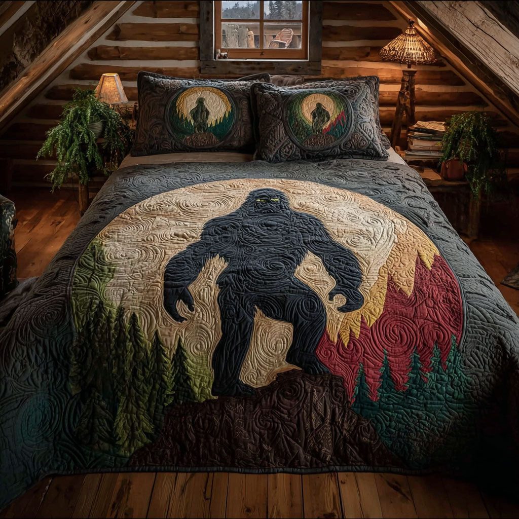 Shadow of the Pines quilted 3-piece bedding set on a made bed with two matching pillow shams