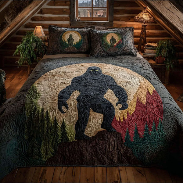 Shadow of the Pines quilted 3-piece bedding set on a made bed with two matching pillow shams