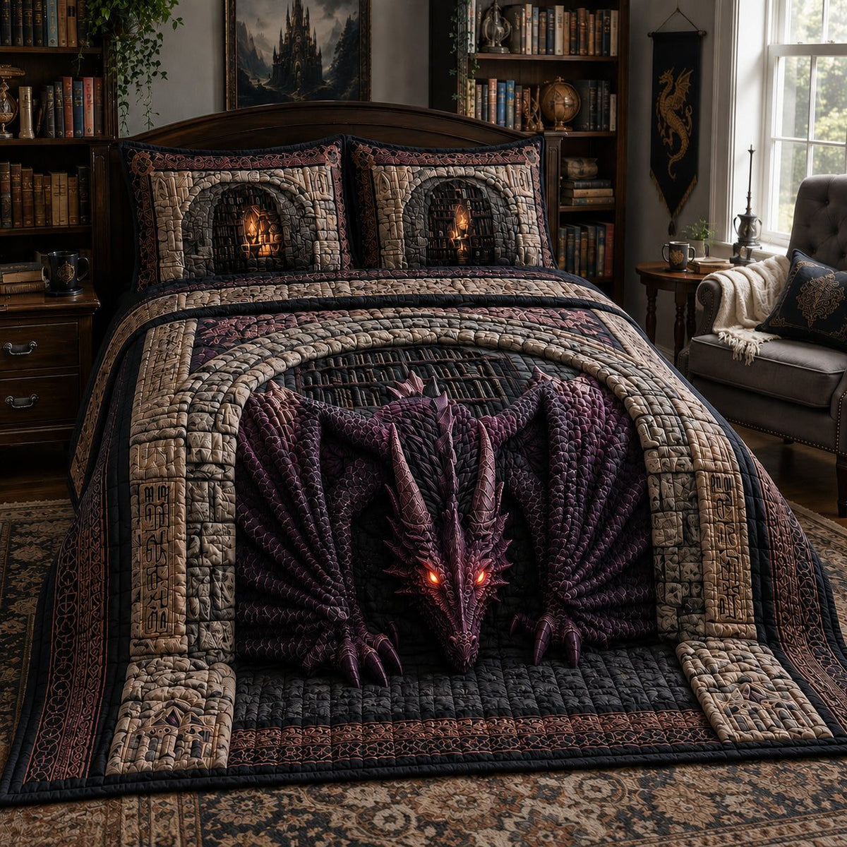 Shadow Portal quilted 3-piece bedding set on a made bed with two matching pillow shams