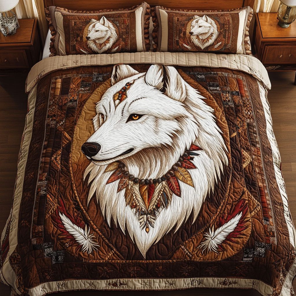 Shadow Prowler quilted 3-piece bedding set on a made bed with two matching pillow shams