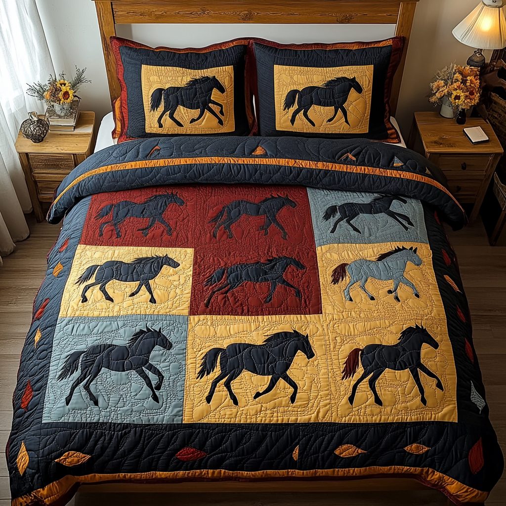 Shadow Stallion quilted 3-piece bedding set on a made bed in a rustic timber bedroom