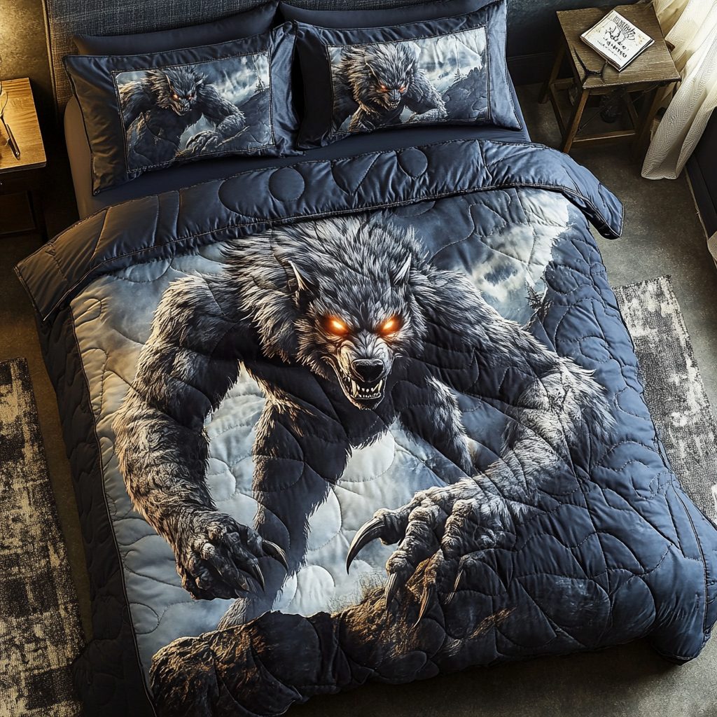 Shadow Werewolf quilted 3-piece bedding set on a made bed with two matching pillow shams