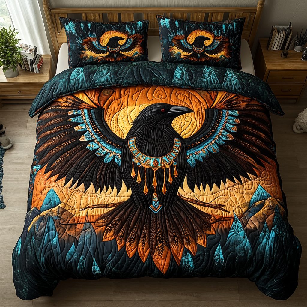 Shadow Whisper quilted 3-piece bedding set on a made bed with two matching pillow shams