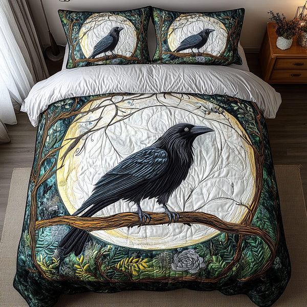 Shadow Wing quilted 3-piece bedding set on a made bed with two matching pillow shams