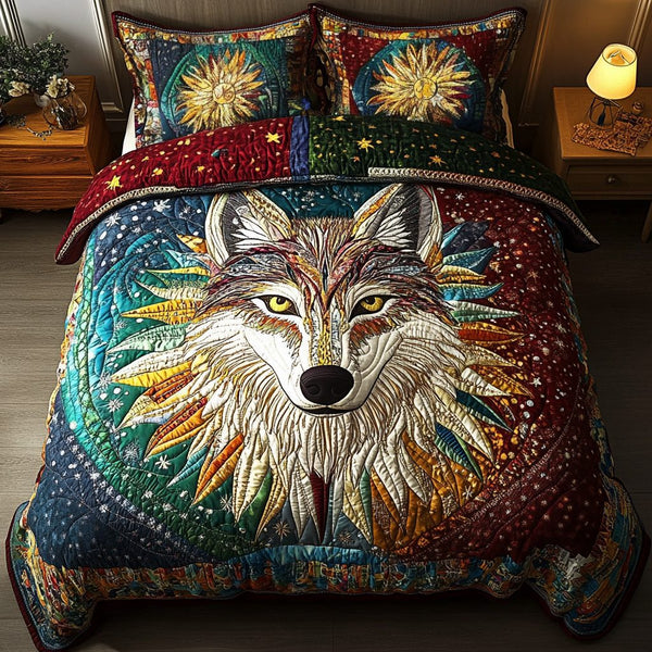 Shadow Wolf quilted 3-piece bedding set on a made bed with two matching pillow shams