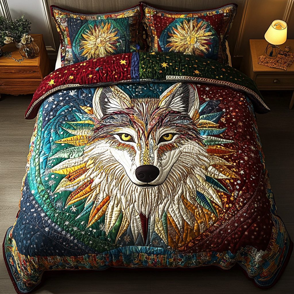 Shadow Wolf quilted 3-piece bedding set on a made bed with two matching pillow shams