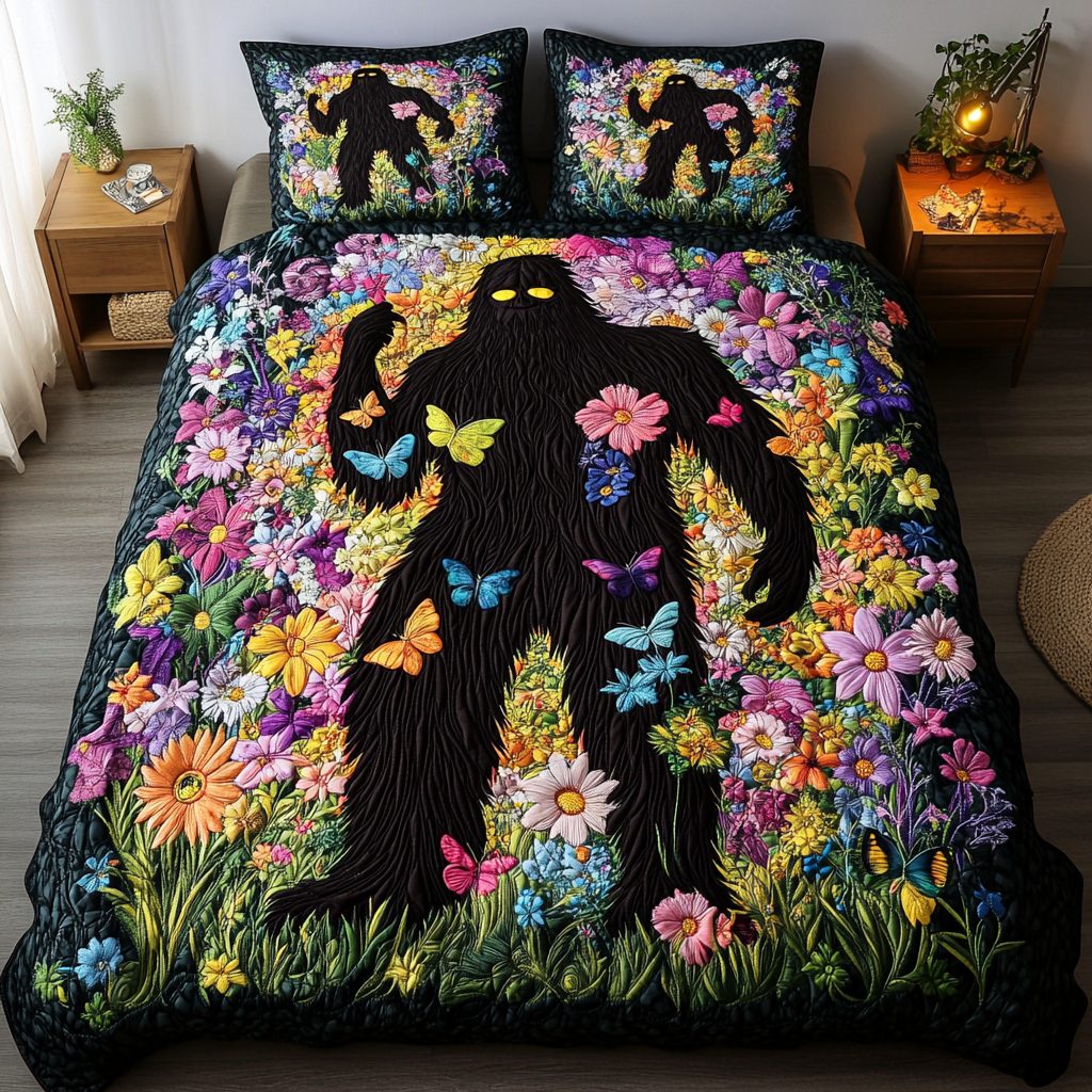 Shadowed Path quilted 3-piece bedding set on a made bed with two matching pillow shams