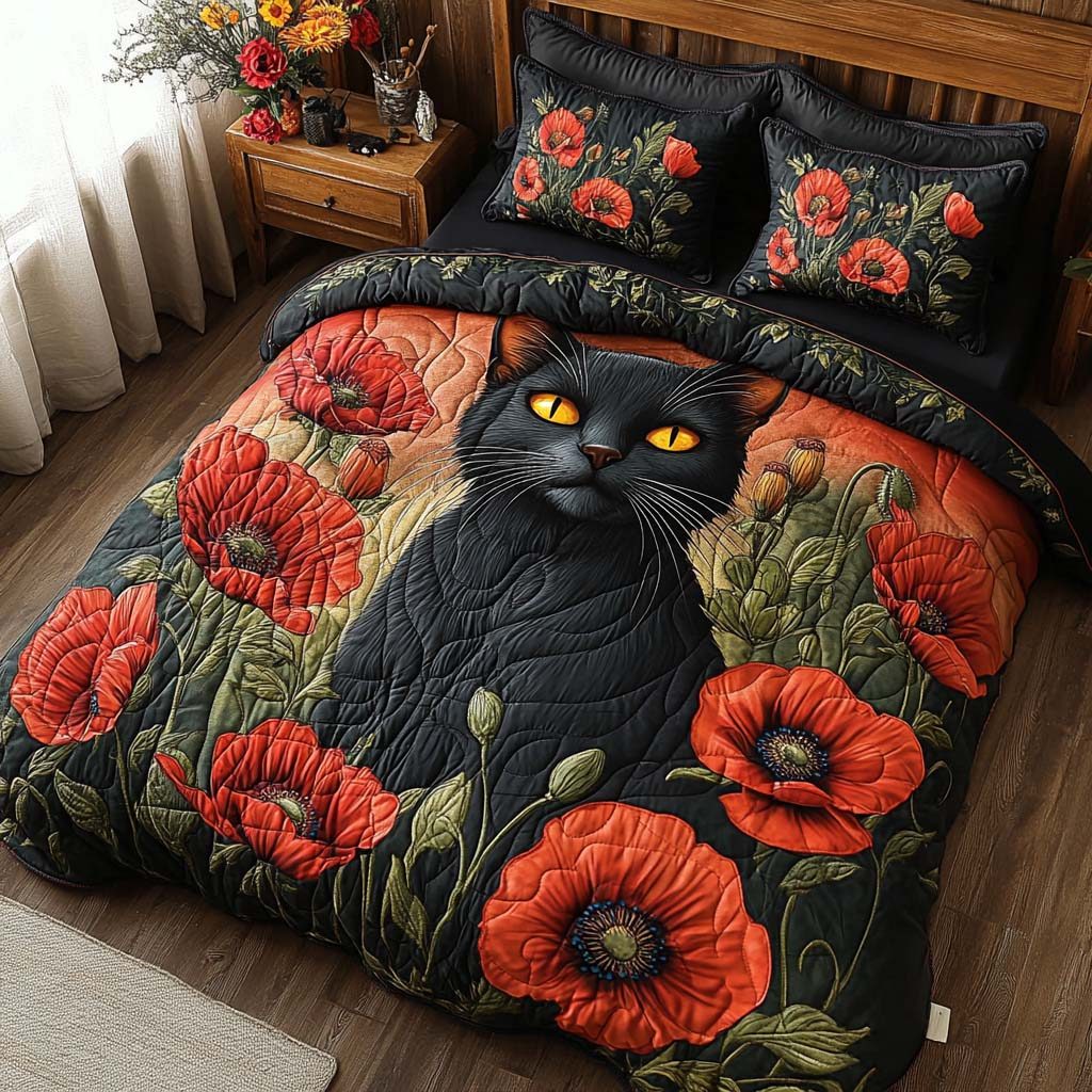 Shadowed Poppy quilted 3-piece bedding set on a made bed with two matching pillow shams
