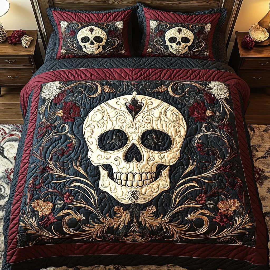 Shadowed Roses Skull quilted 3-piece bedding set on a made bed against a dark styled interior