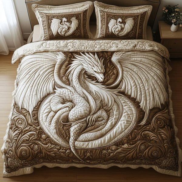 Shadowed Scales quilted 3-piece bedding set on a made bed with two matching pillow shams