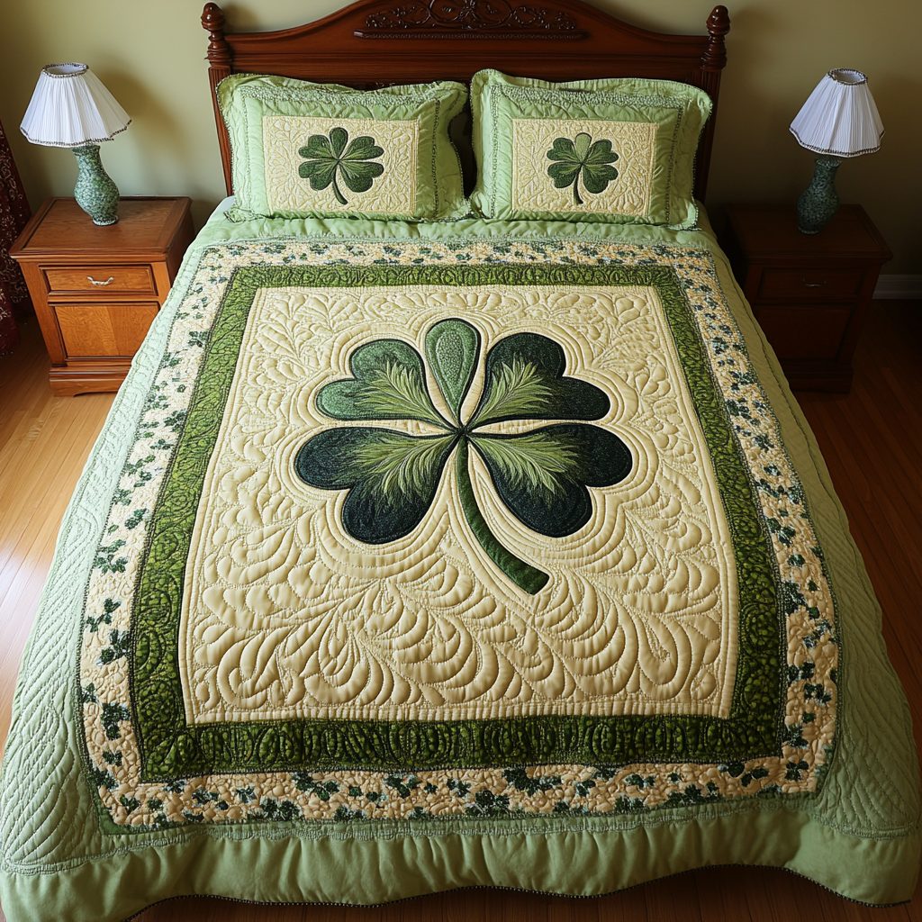 Shamrock Charm quilted 3-piece bedding set on a made bed with two matching pillow shams