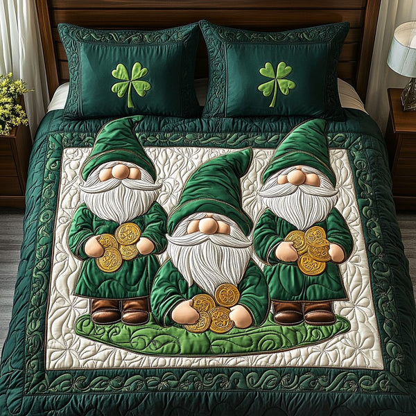 Shamrock Gnome Bliss quilted 3-piece bedding set on a made bed in a winter-styled bedroom