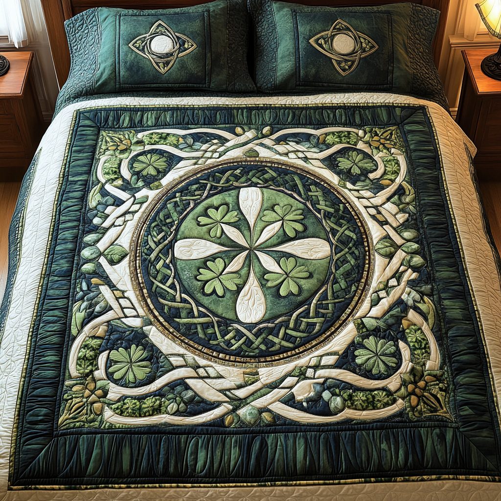 Shamrock Serenity quilted 3-piece bedding set on a made bed with two matching pillow shams