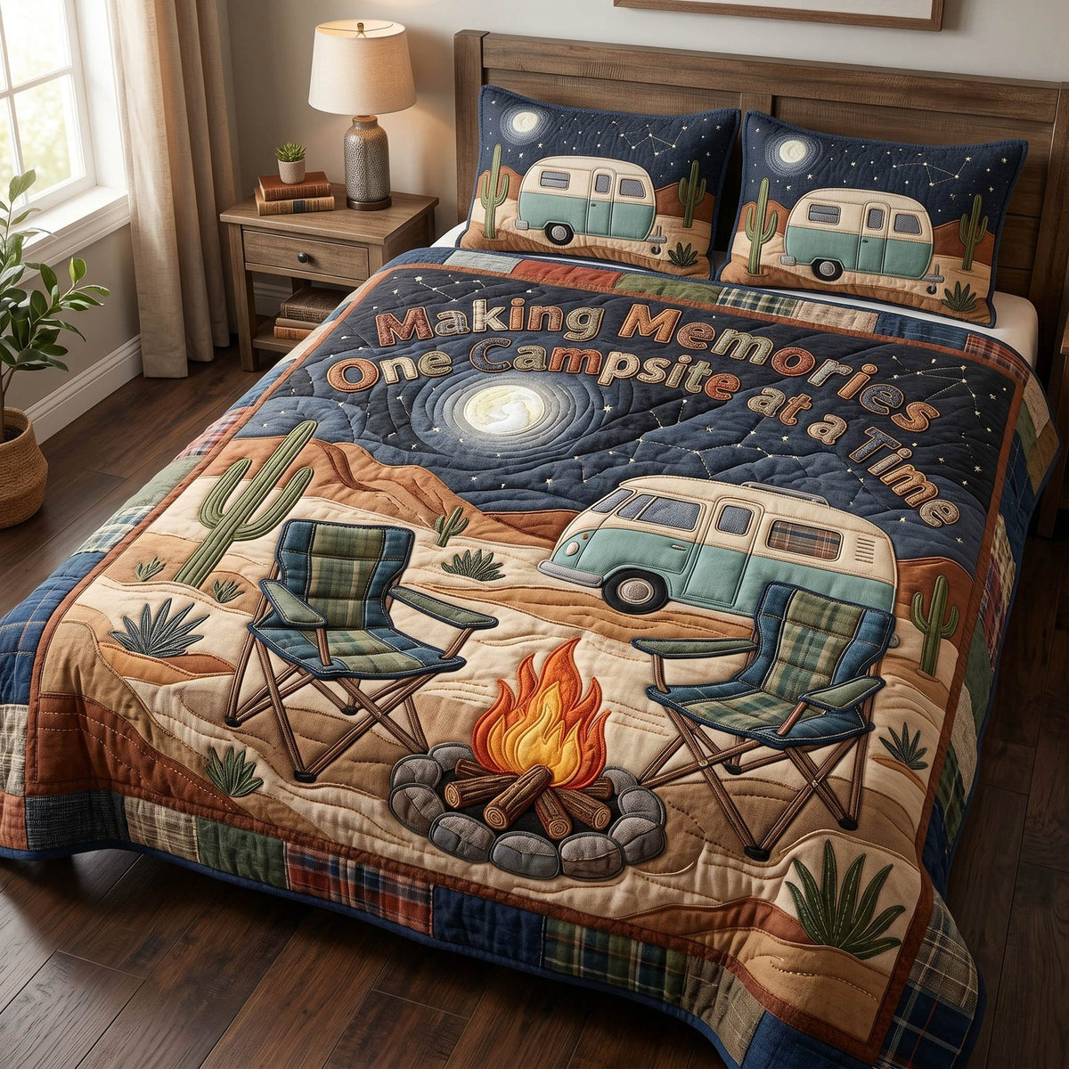 Shared Trails quilted 3-piece bedding set on a made bed with two matching pillow shams