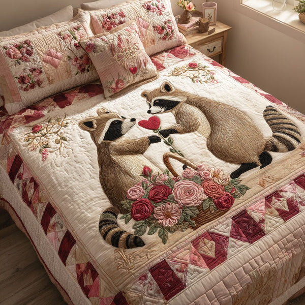 Shared Warmth quilted 3-piece bedding set on a made bed with two matching pillow shams