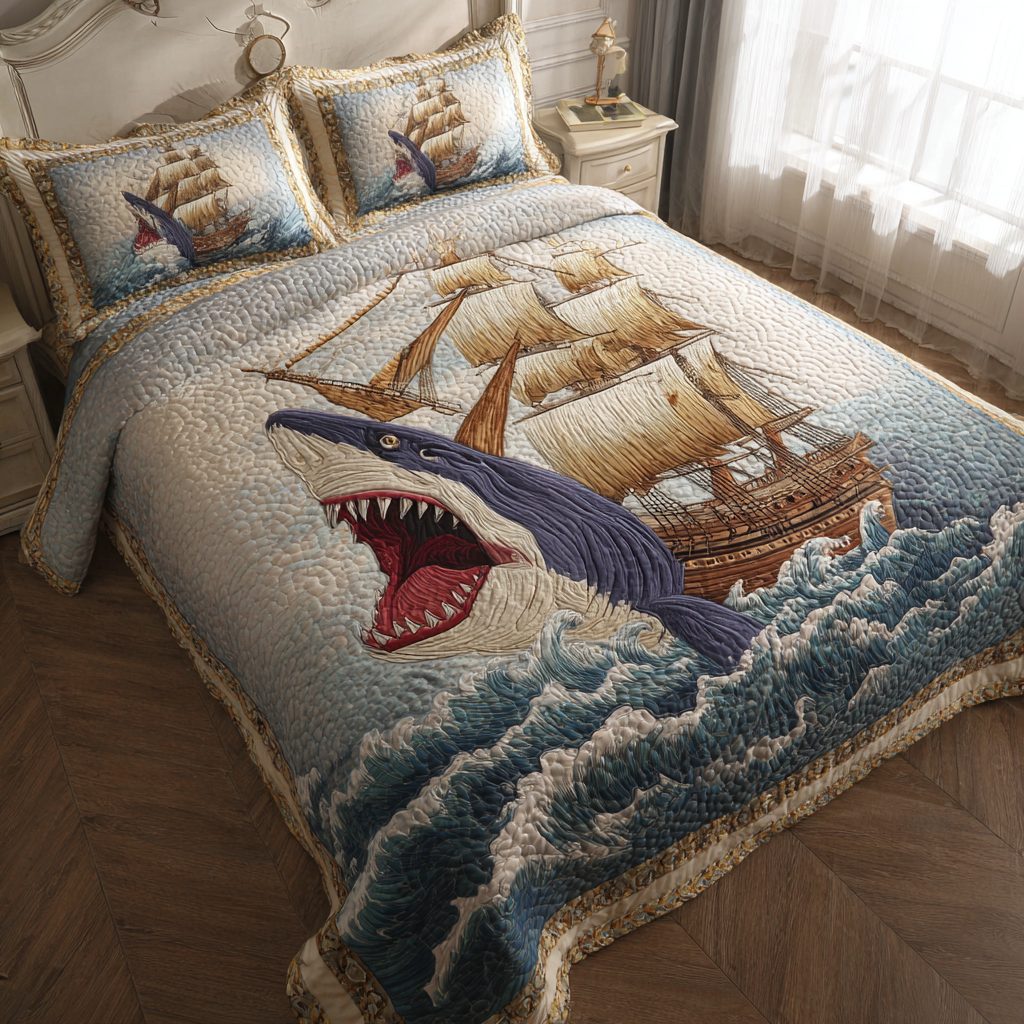 Shark Horizon quilted 3-piece bedding set on a made bed with two matching pillow shams