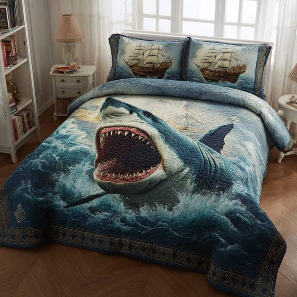 Shark Majesty quilted 3-piece bedding set on a made bed with two matching pillow shams