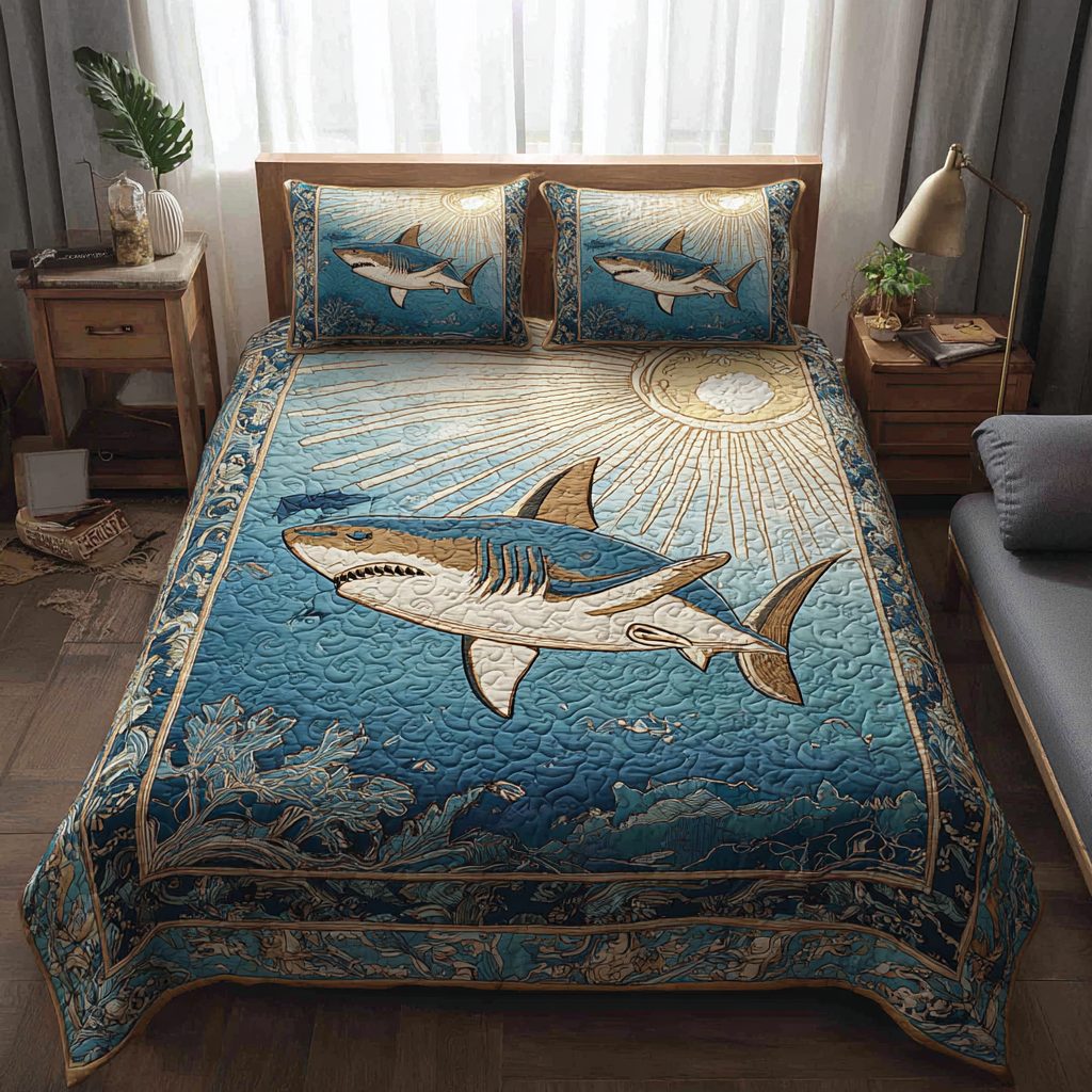 Shark Power quilted 3-piece bedding set on a made bed with two matching pillow shams