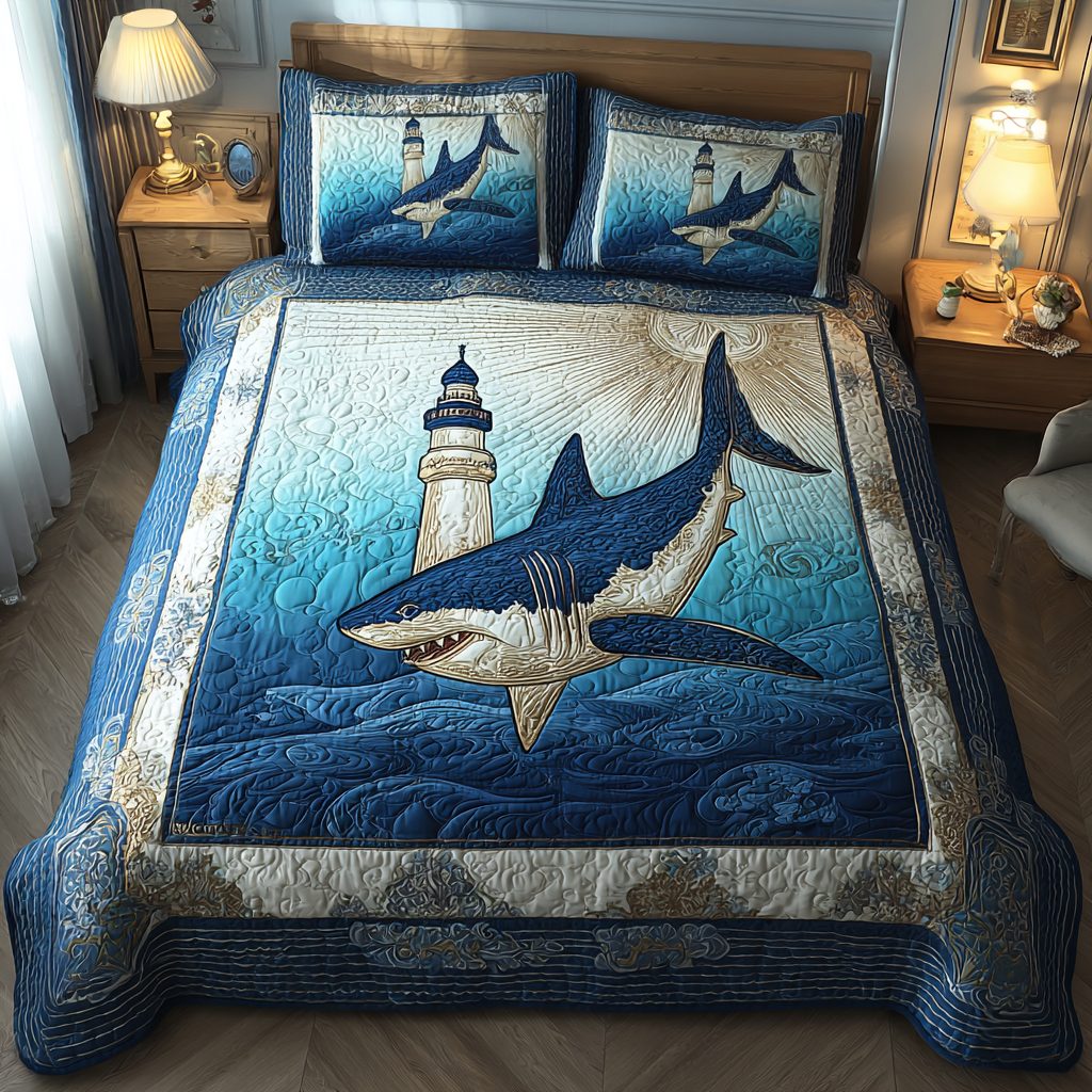 Shark Quest quilted 3-piece bedding set on a made bed with two matching pillow shams