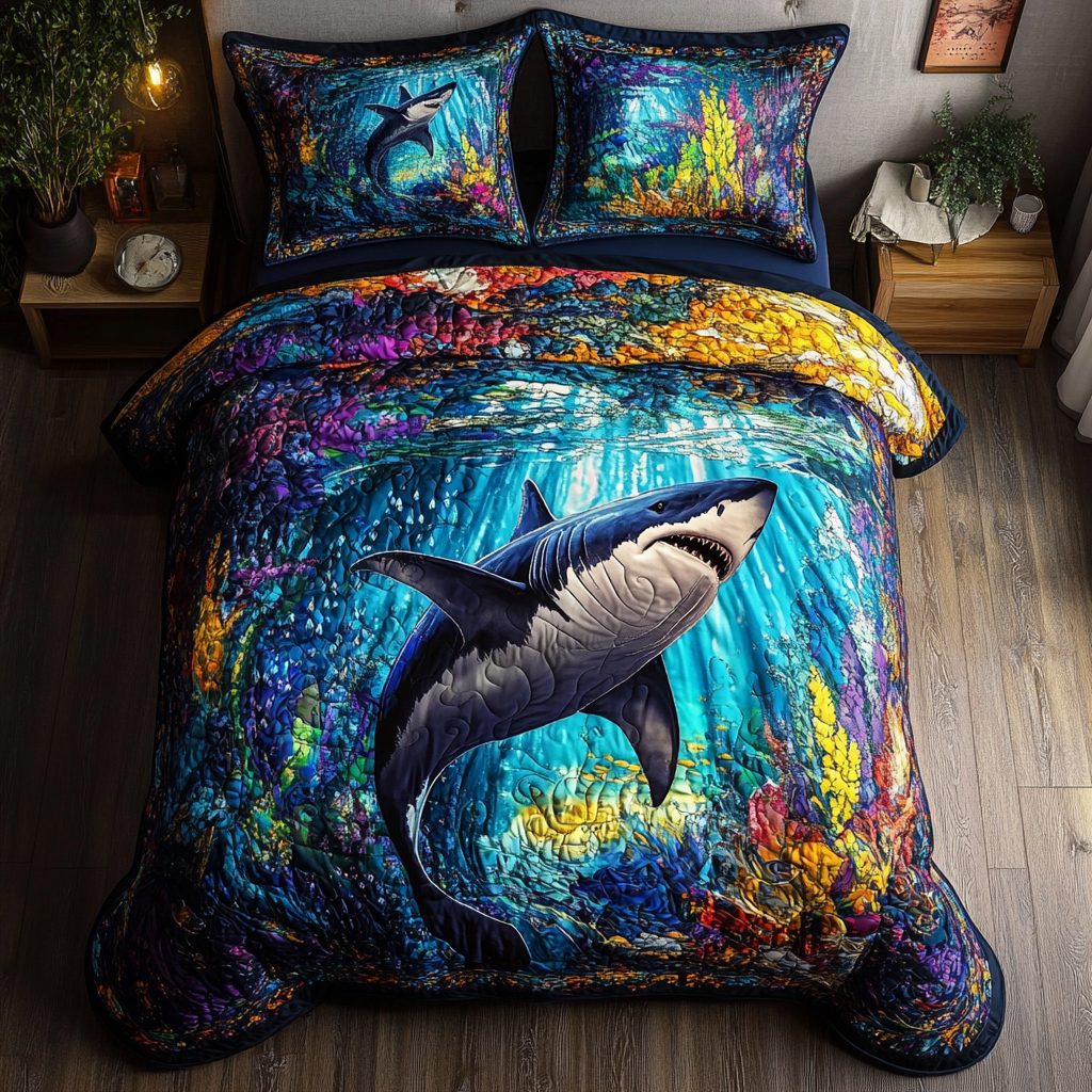 Shark Realm quilted 3-piece bedding set on a made bed with two matching pillow shams