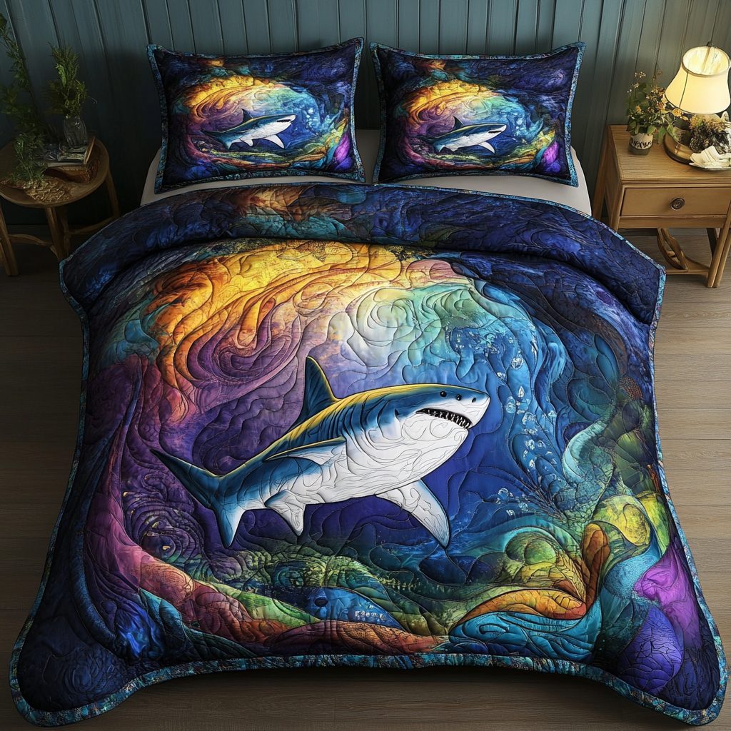Shark Surge quilted 3-piece bedding set on a made bed with two matching pillow shams