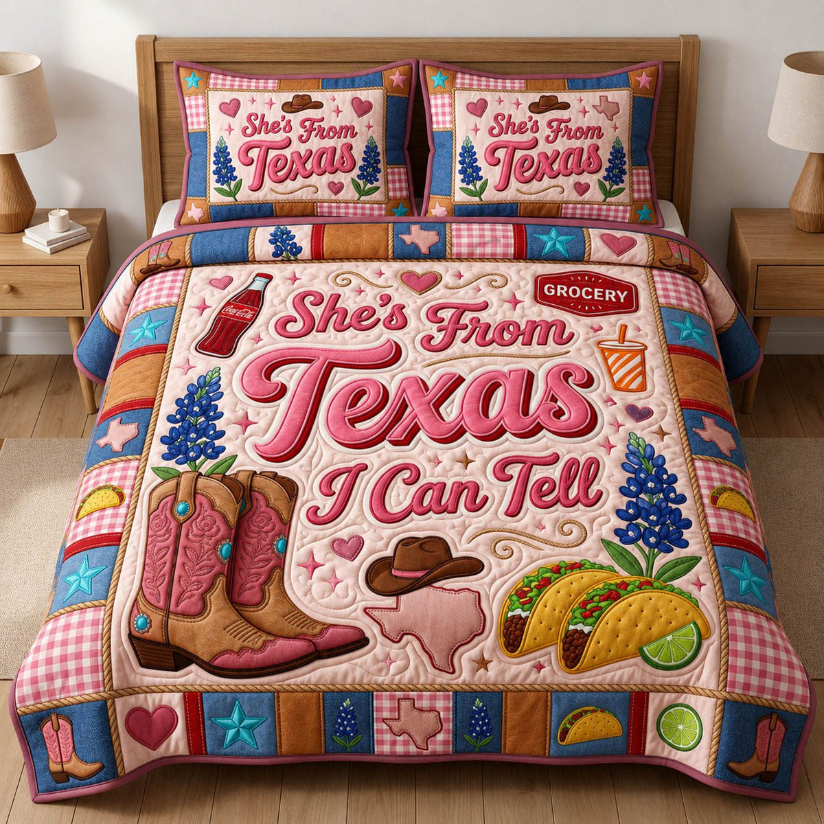 She Is From Texas quilted 3-piece bedding set on a made bed in a rustic timber bedroom