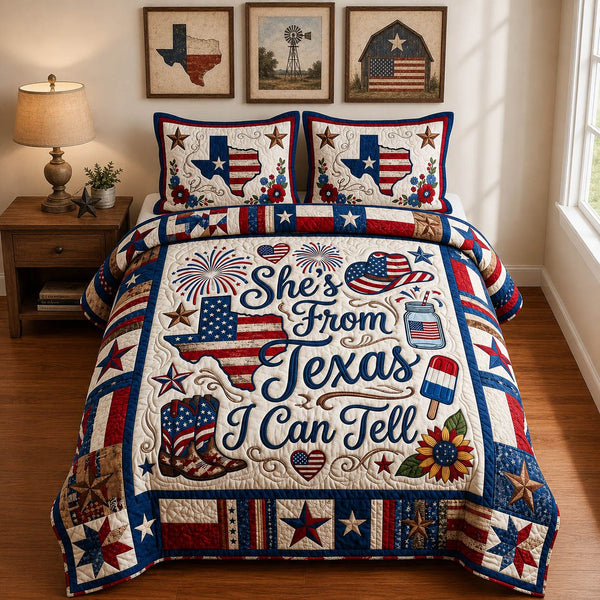 She Is From Texas quilted 3-piece bedding set on a made bed in a rustic timber bedroom
