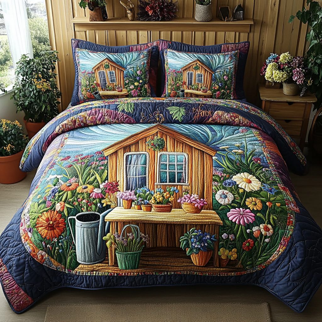 Shed Dreams quilted 3-piece bedding set on a made bed with two matching pillow shams