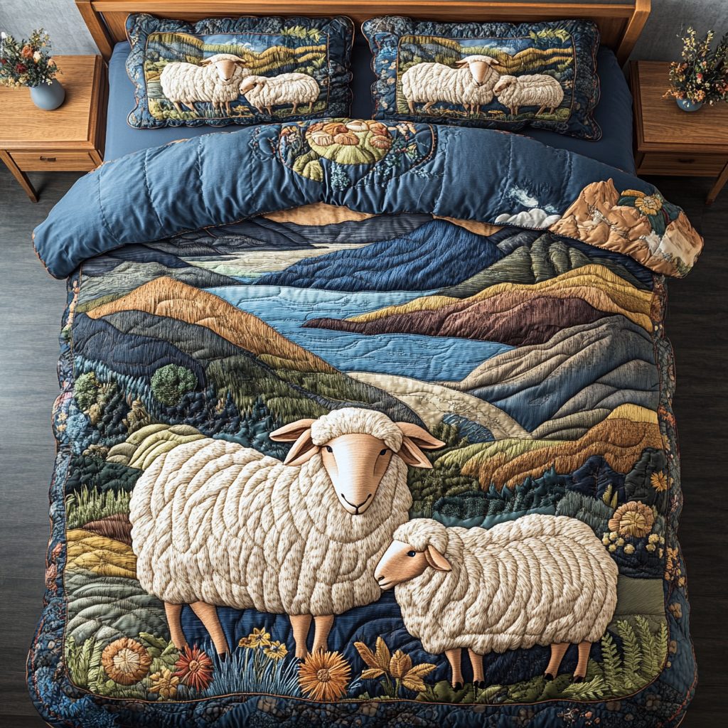 Sheep Dreams quilted 3-piece bedding set on a made bed with two matching pillow shams