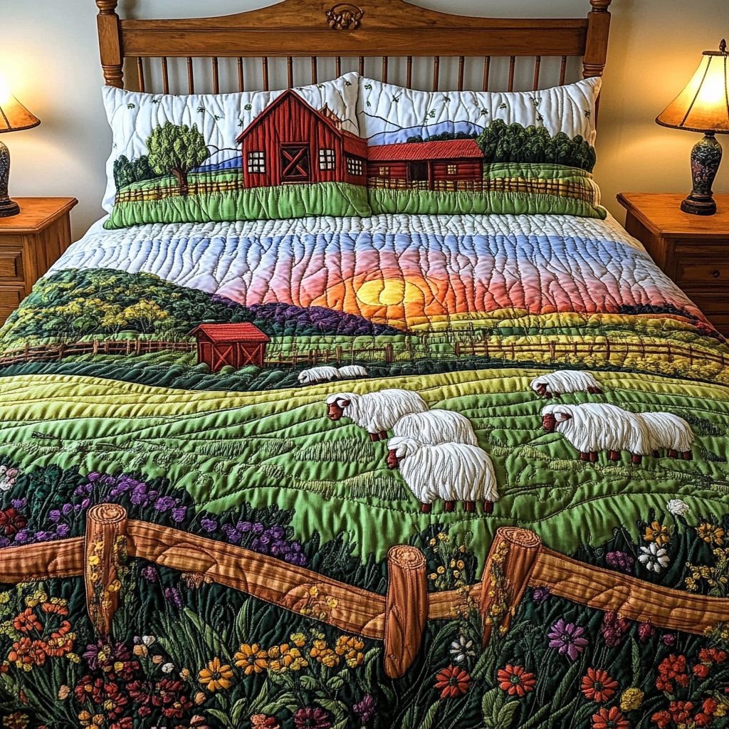 Sheep Farm quilted 3-piece bedding set on a made bed with two matching pillow shams