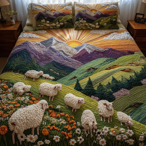 Sheep Heaven quilted 3-piece bedding set on a made bed in a softly lit bedroom
