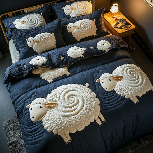 Sheep Meadow quilted 3-piece bedding set on a made bed with two matching pillow shams