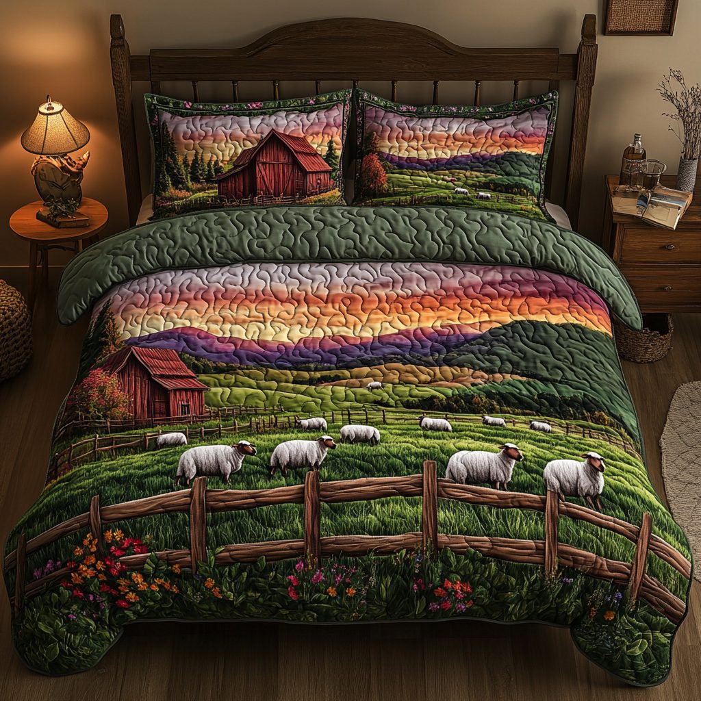 Sheep Meadow quilted 3-piece bedding set on a made bed with two matching pillow shams