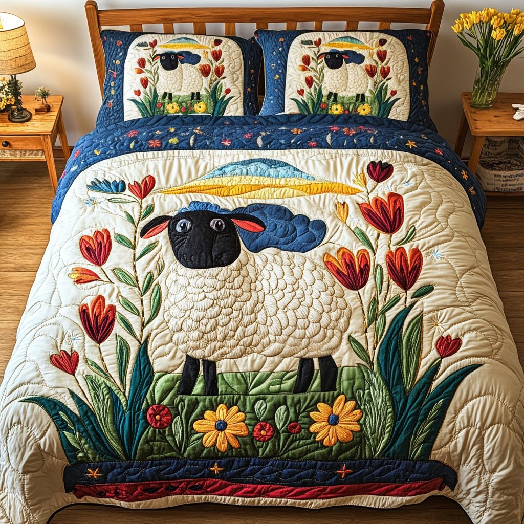 Sheep Meadow quilted 3-piece bedding set on a made bed with two matching pillow shams