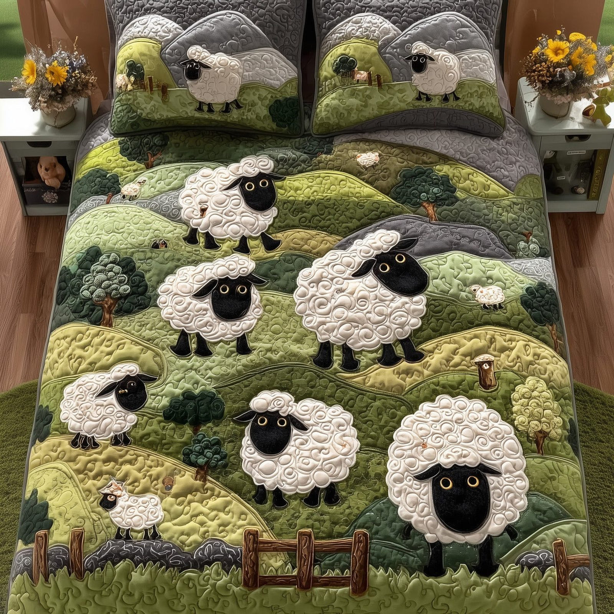 Sheep Mountain quilted 3-piece bedding set on a made bed with two matching pillow shams