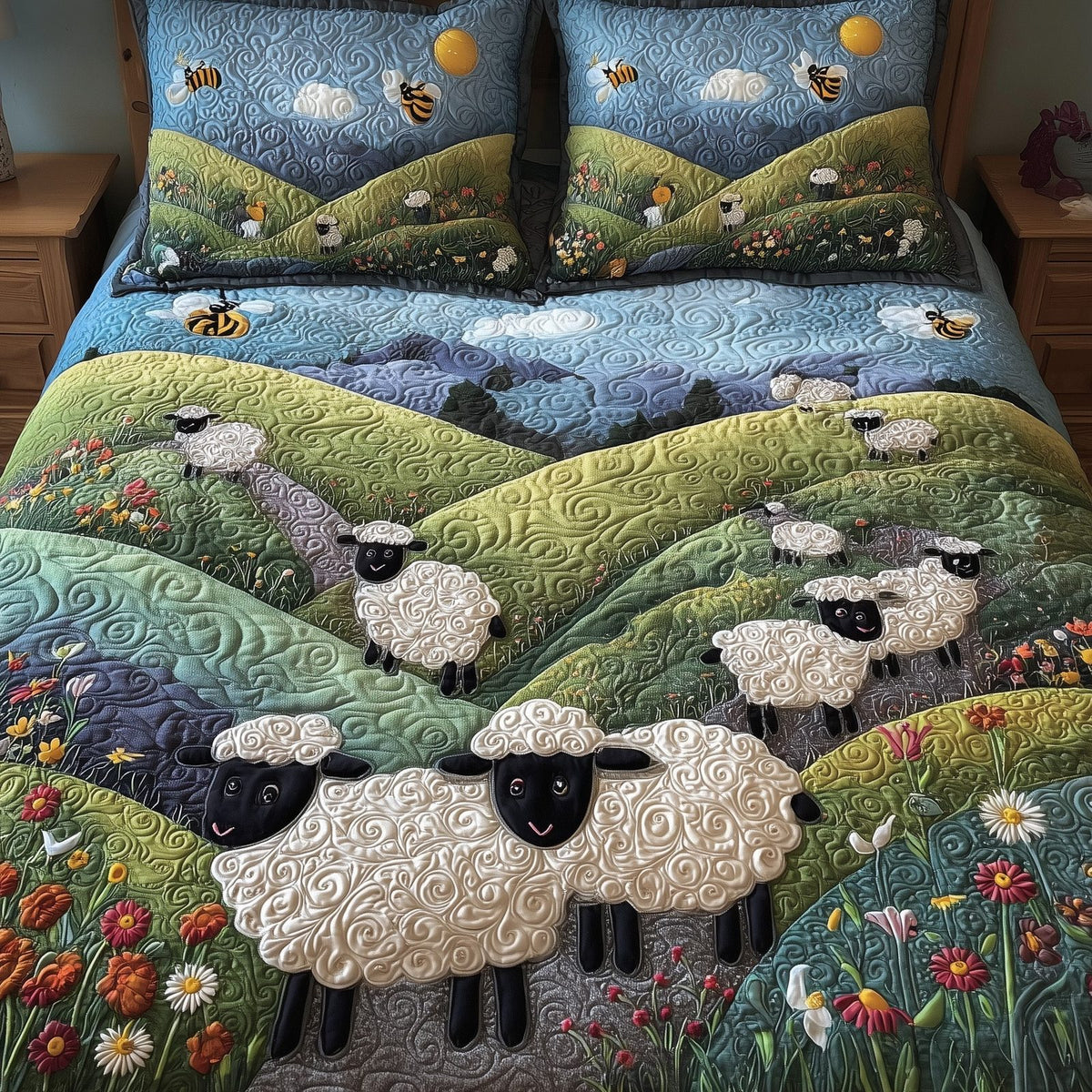 Sheep Mountain quilted 3-piece bedding set on a made bed with two matching pillow shams