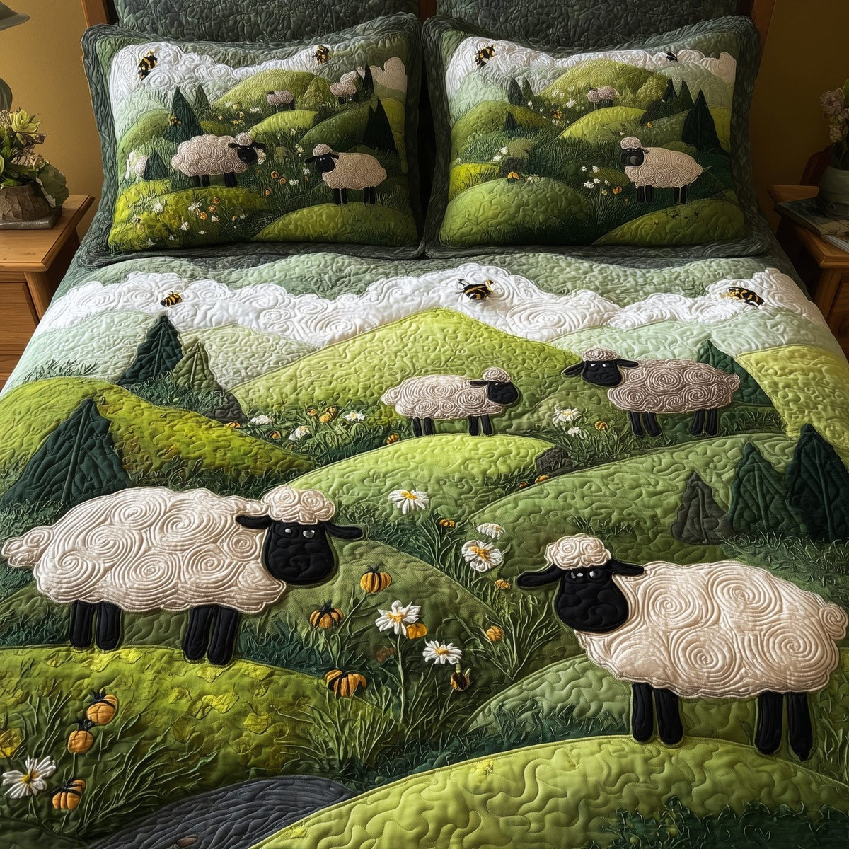 Sheep Mountain quilted 3-piece bedding set on a made bed with two matching pillow shams