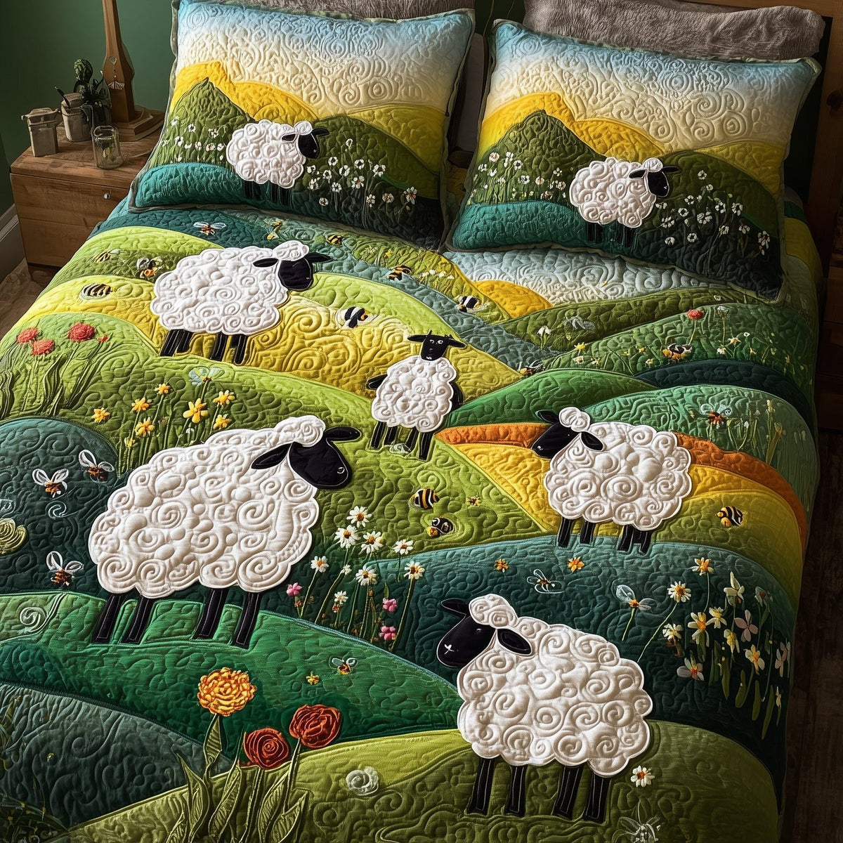 Sheep Mountain quilted 3-piece bedding set on a made bed with two matching pillow shams